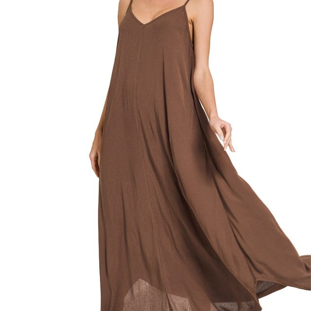 Zenana Woven Crinkle Cami Maxi Dress with Side Pockets